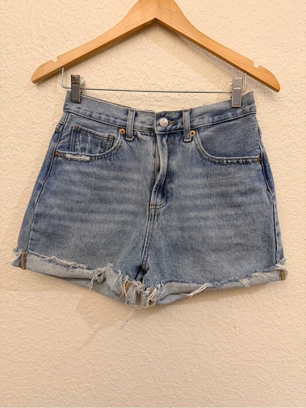 Light Blue Frayed Denim Shorts
